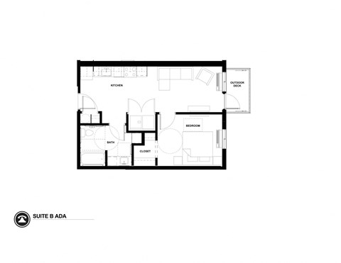 Floor plan for 1 bed, 1 bath, 657 sqft